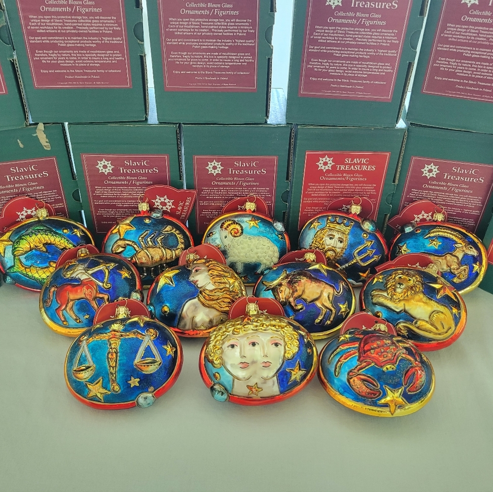 Slavic Treasures Zodiac Horoscope Celestial Blown Glass Ornament Set NWT